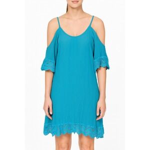 Venus Cover Up Dress Cold Shoulder Crochet‎ Trim Teal Blue XL